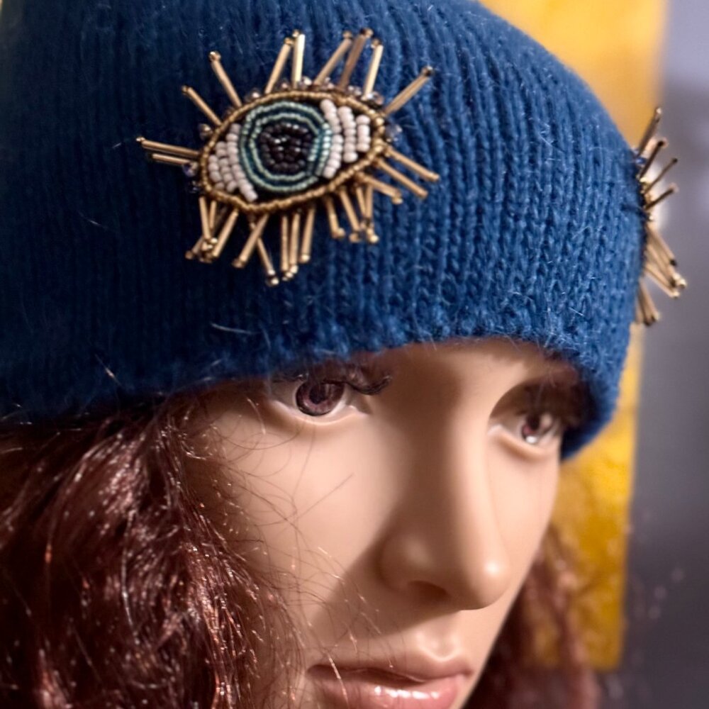 Unique OOAK Handmade Blue Wool Beaded Evil Eye Beanie Hat - Picture 4 of 9